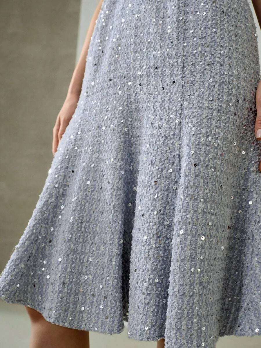 PREMIUM TEXTURED SEQUIN MERMAID HEM DENIM DRESS