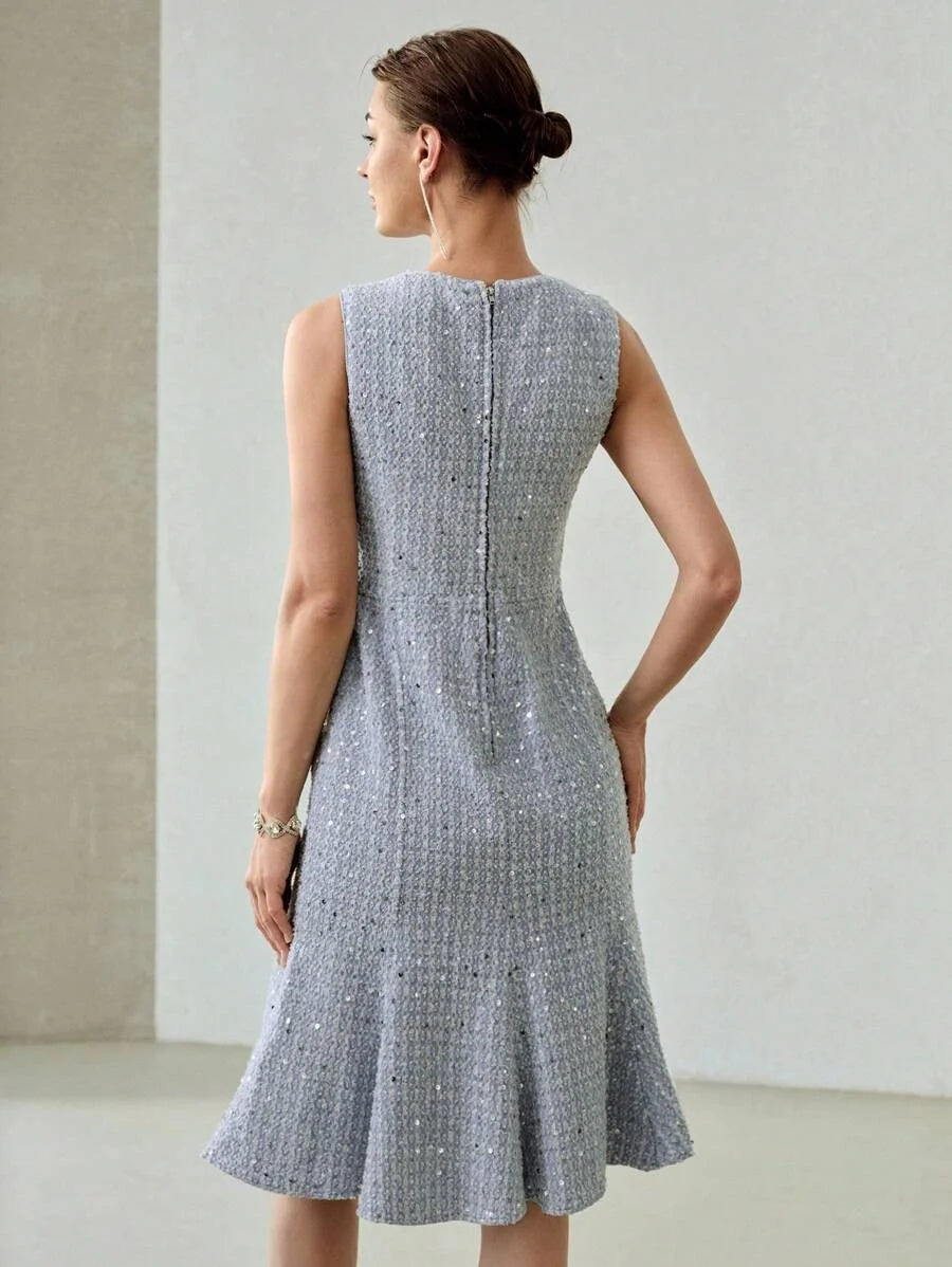 PREMIUM TEXTURED SEQUIN MERMAID HEM DENIM DRESS