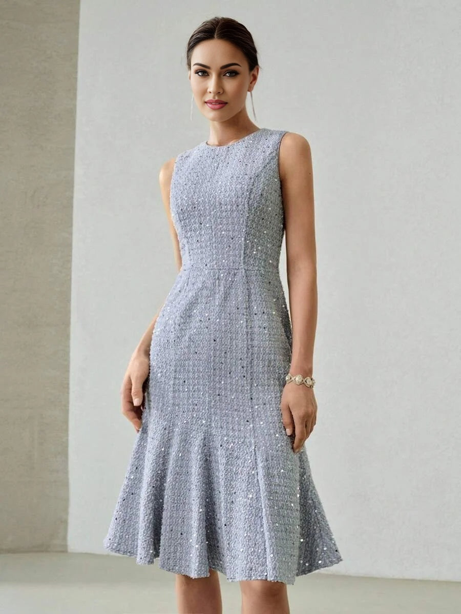 PREMIUM TEXTURED SEQUIN MERMAID HEM DENIM DRESS