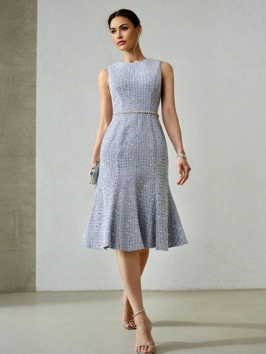 PREMIUM TEXTURED SEQUIN MERMAID HEM DENIM DRESS