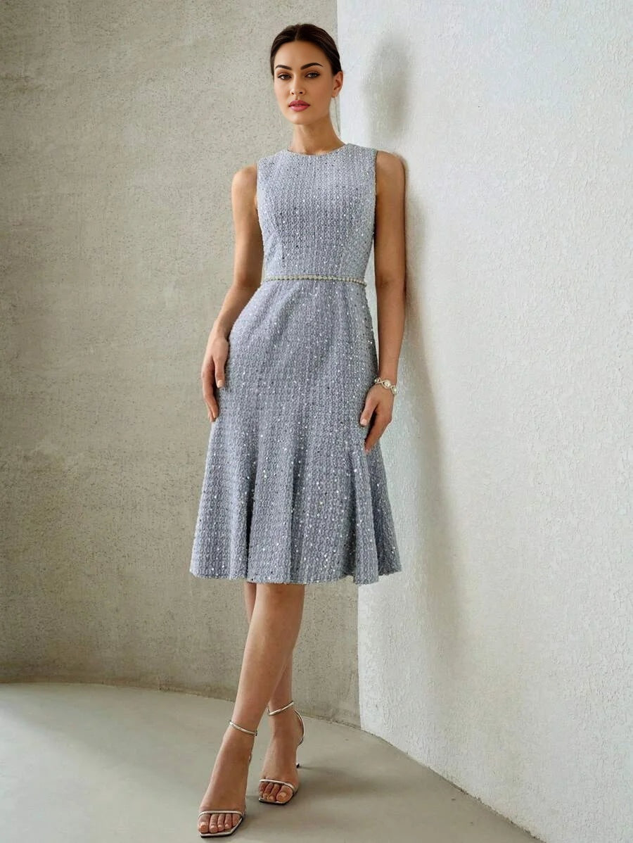 PREMIUM TEXTURED SEQUIN MERMAID HEM DENIM DRESS