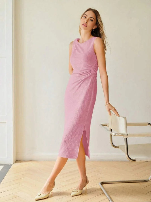 PREMIUM TEXTURED SLIT LONG DRESS