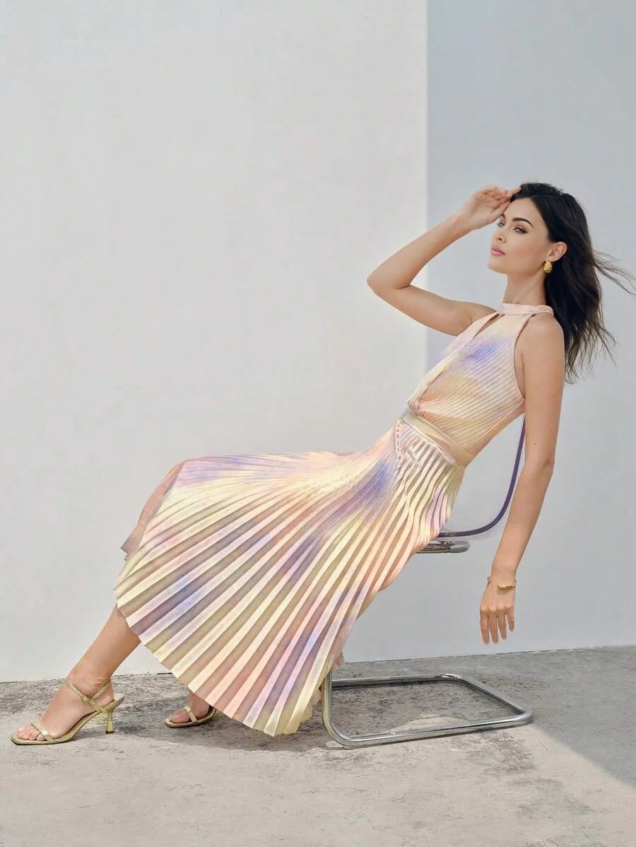 PREMIUM TIE DYE KEYHOLE NECK PLEATED DRESS