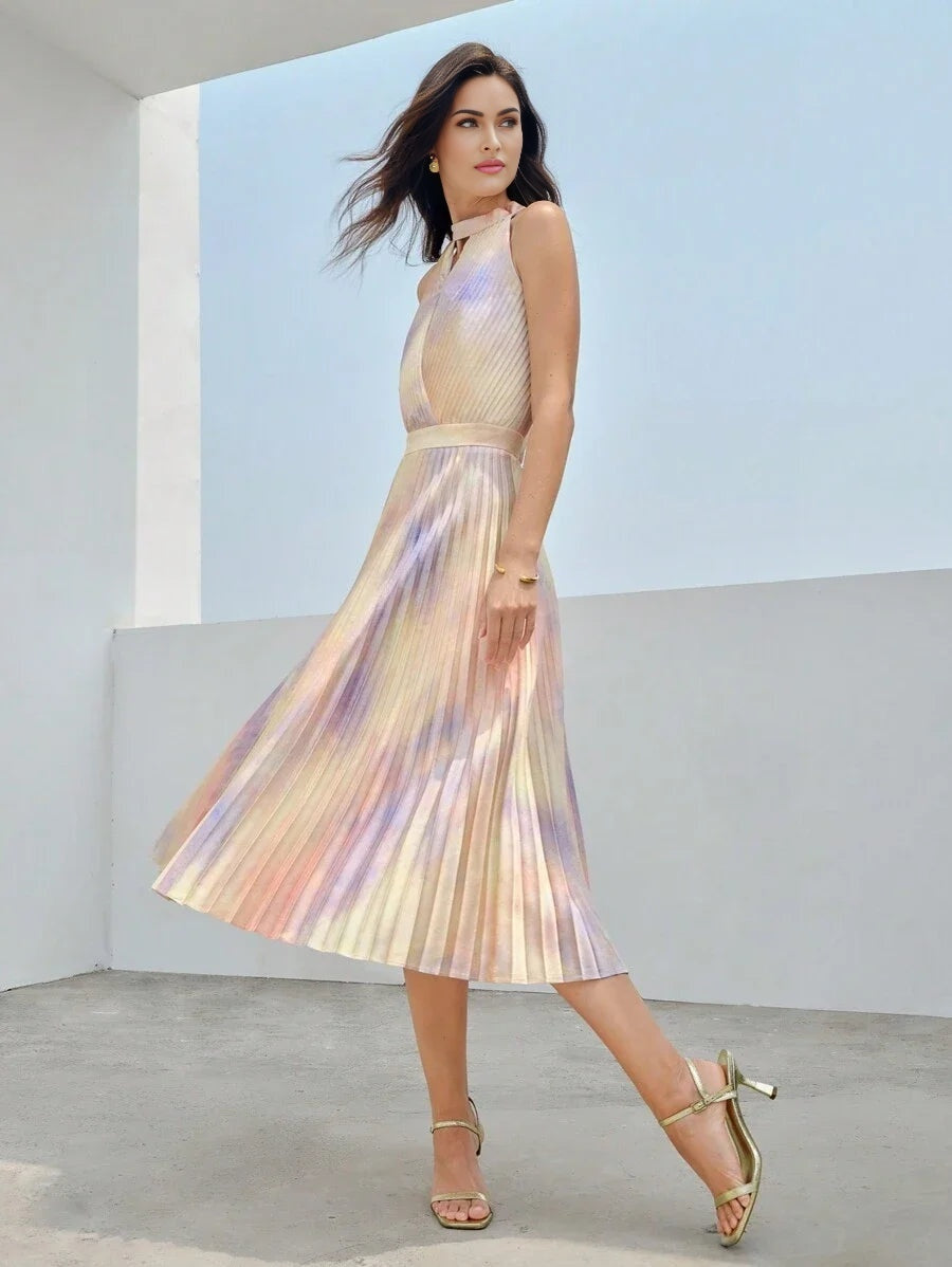 PREMIUM TIE DYE KEYHOLE NECK PLEATED DRESS
