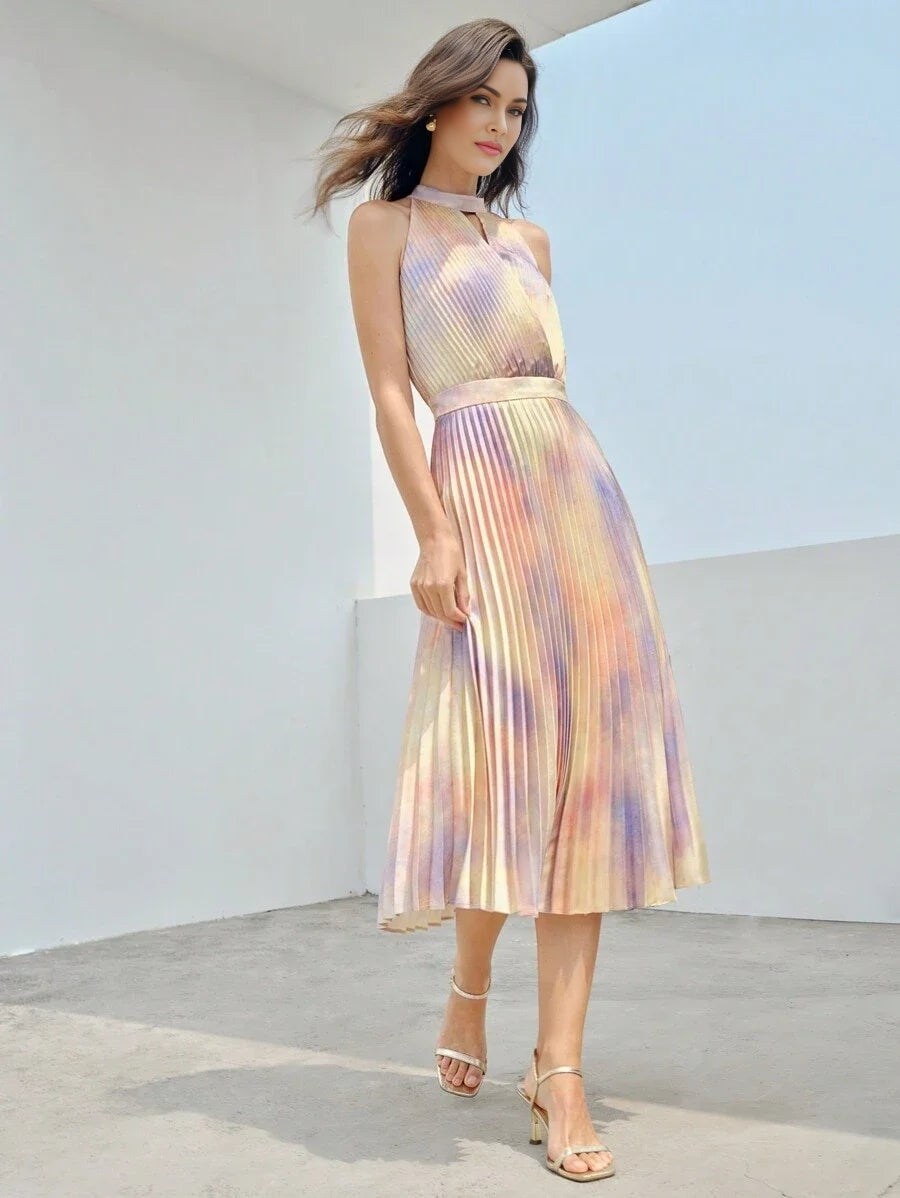 PREMIUM TIE DYE KEYHOLE NECK PLEATED DRESS