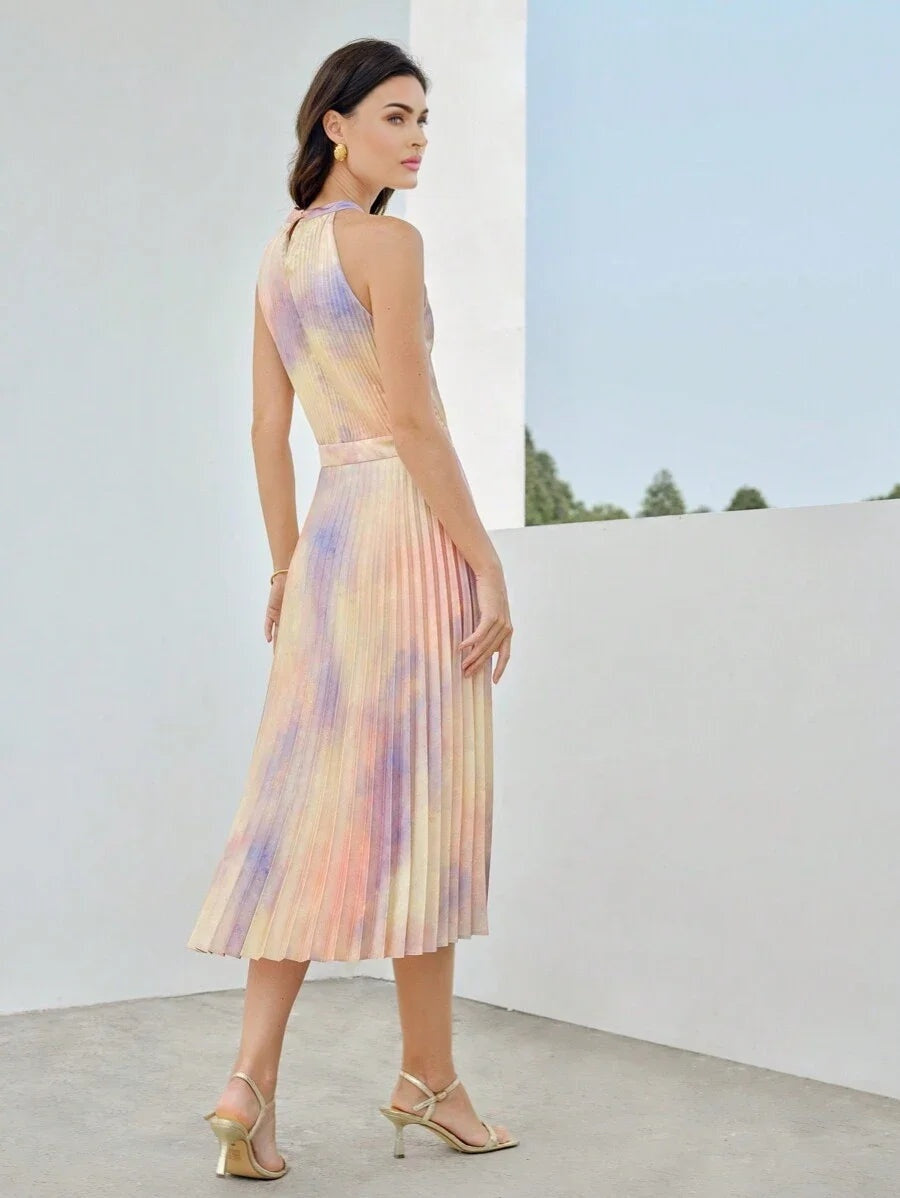 PREMIUM TIE DYE KEYHOLE NECK PLEATED DRESS