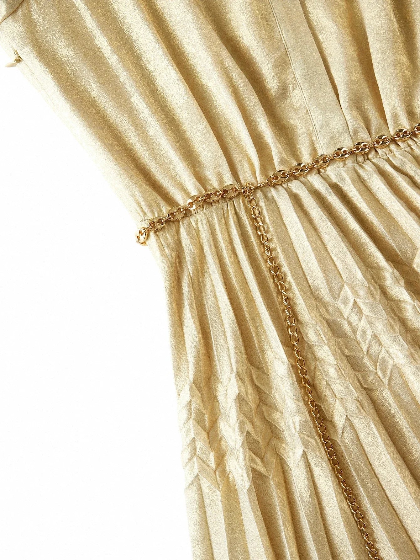 PREMIUM TIE NECK LANTERN SLEEVE PLEATED DRESS WITH CHAIN BELT