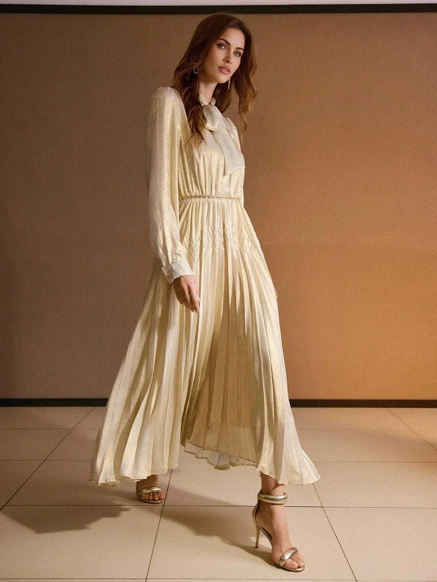 PREMIUM TIE NECK LANTERN SLEEVE PLEATED DRESS WITH CHAIN BELT