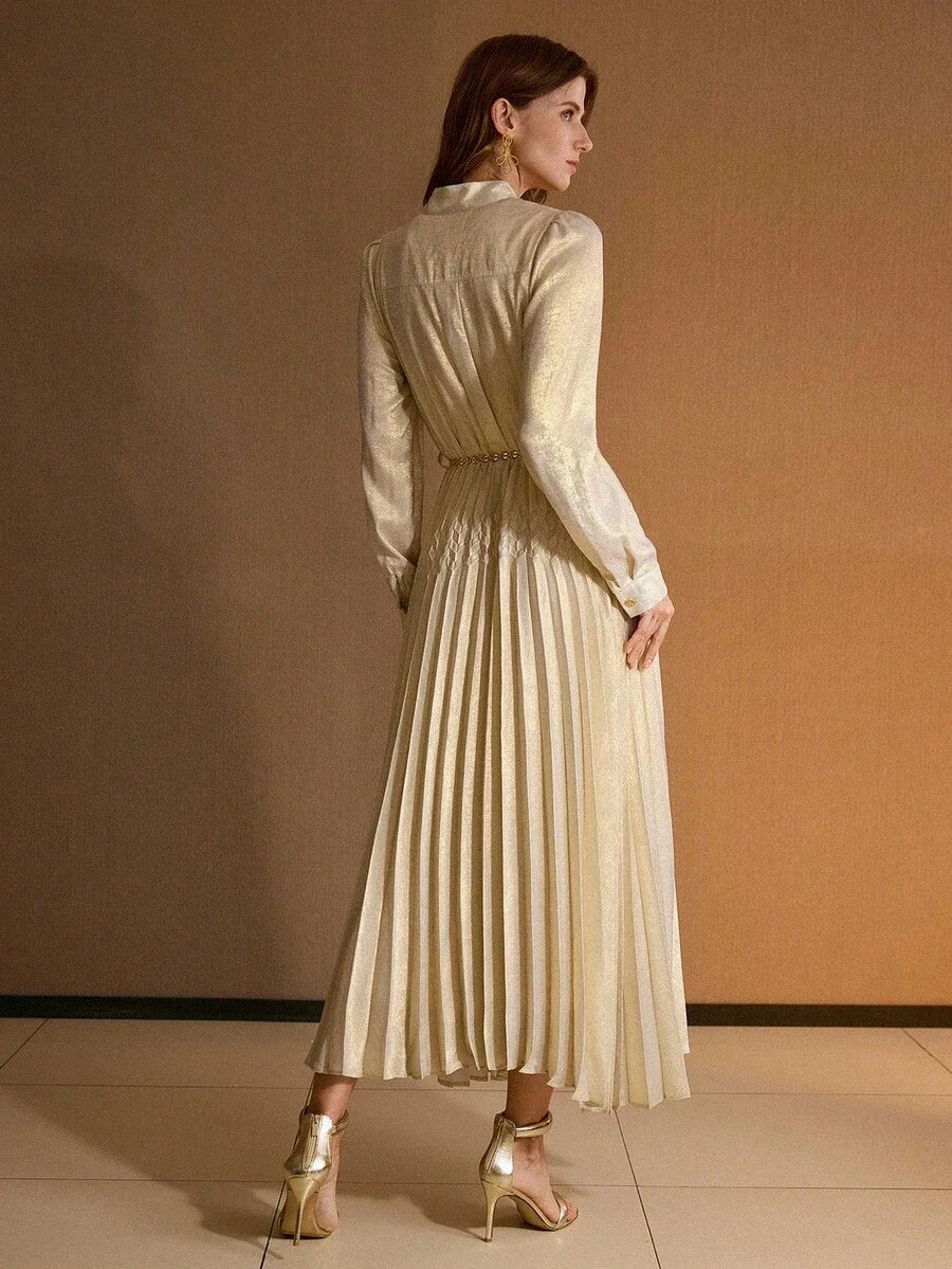 PREMIUM TIE NECK LANTERN SLEEVE PLEATED DRESS WITH CHAIN BELT