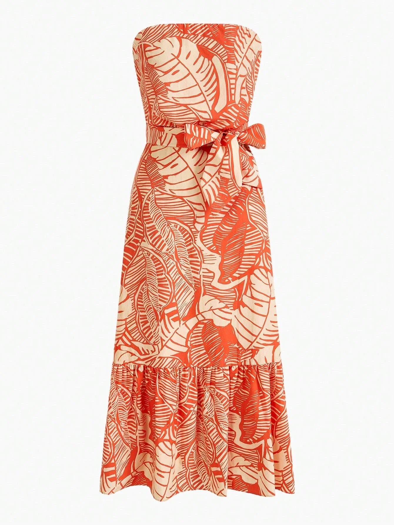 PREMIUM TROPICAL PRINT RUFFLE HEM BELTED TUBE DRESSSUMMER OUTFITS FOR BEACH VACATION