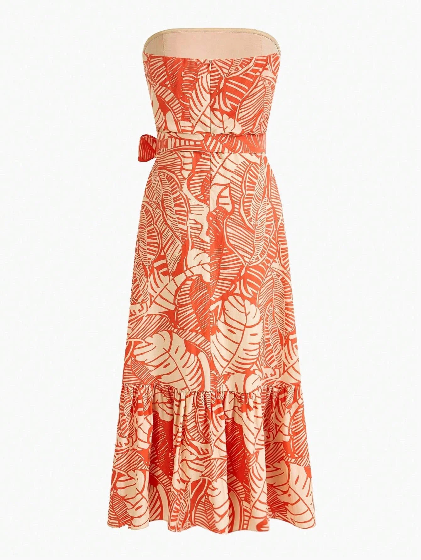 PREMIUM TROPICAL PRINT RUFFLE HEM BELTED TUBE DRESSSUMMER OUTFITS FOR BEACH VACATION