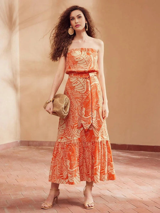 PREMIUM TROPICAL PRINT RUFFLE HEM BELTED TUBE DRESSSUMMER OUTFITS FOR BEACH VACATION