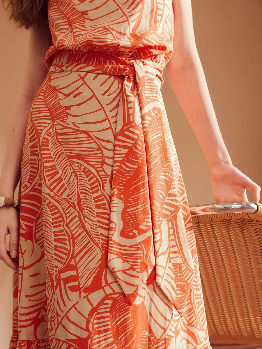 PREMIUM TROPICAL PRINT RUFFLE HEM BELTED TUBE DRESSSUMMER OUTFITS FOR BEACH VACATION