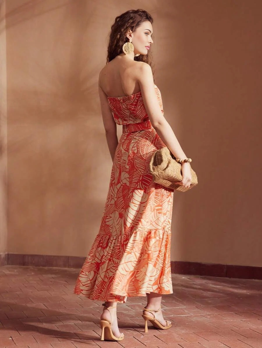 PREMIUM TROPICAL PRINT RUFFLE HEM BELTED TUBE DRESSSUMMER OUTFITS FOR BEACH VACATION