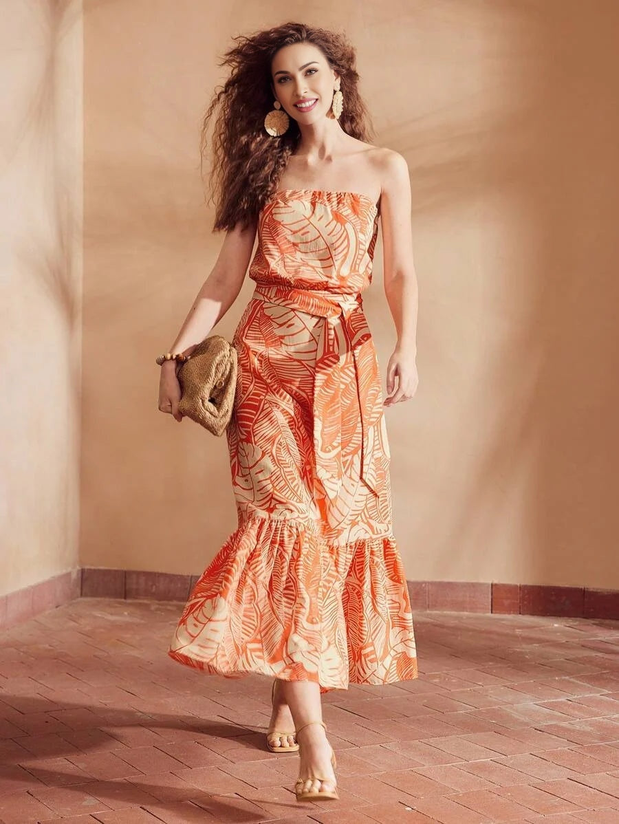 PREMIUM TROPICAL PRINT RUFFLE HEM BELTED TUBE DRESSSUMMER OUTFITS FOR BEACH VACATION