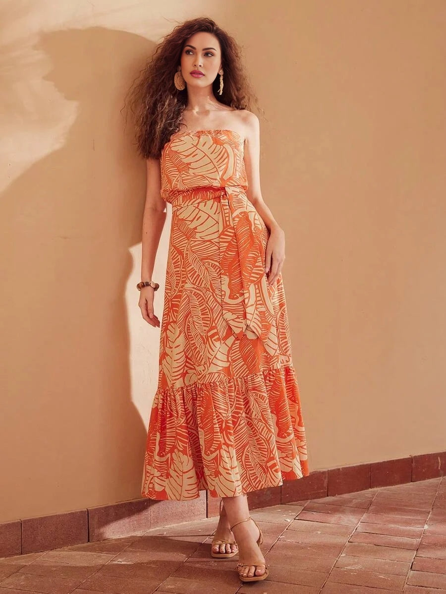 PREMIUM TROPICAL PRINT RUFFLE HEM BELTED TUBE DRESSSUMMER OUTFITS FOR BEACH VACATION