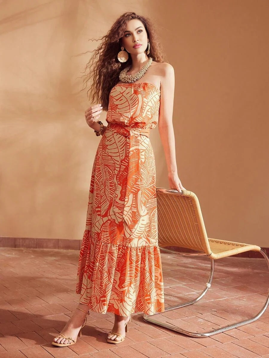 PREMIUM TROPICAL PRINT RUFFLE HEM BELTED TUBE DRESSSUMMER OUTFITS FOR BEACH VACATION