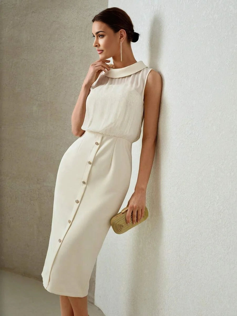 PREMIUM TURTLENECK LACE BODICE BUTTON FRONT SLIM FIT MIDI DRESS