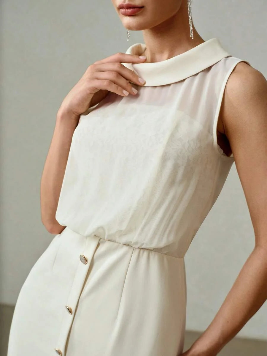 PREMIUM TURTLENECK LACE BODICE BUTTON FRONT SLIM FIT MIDI DRESS