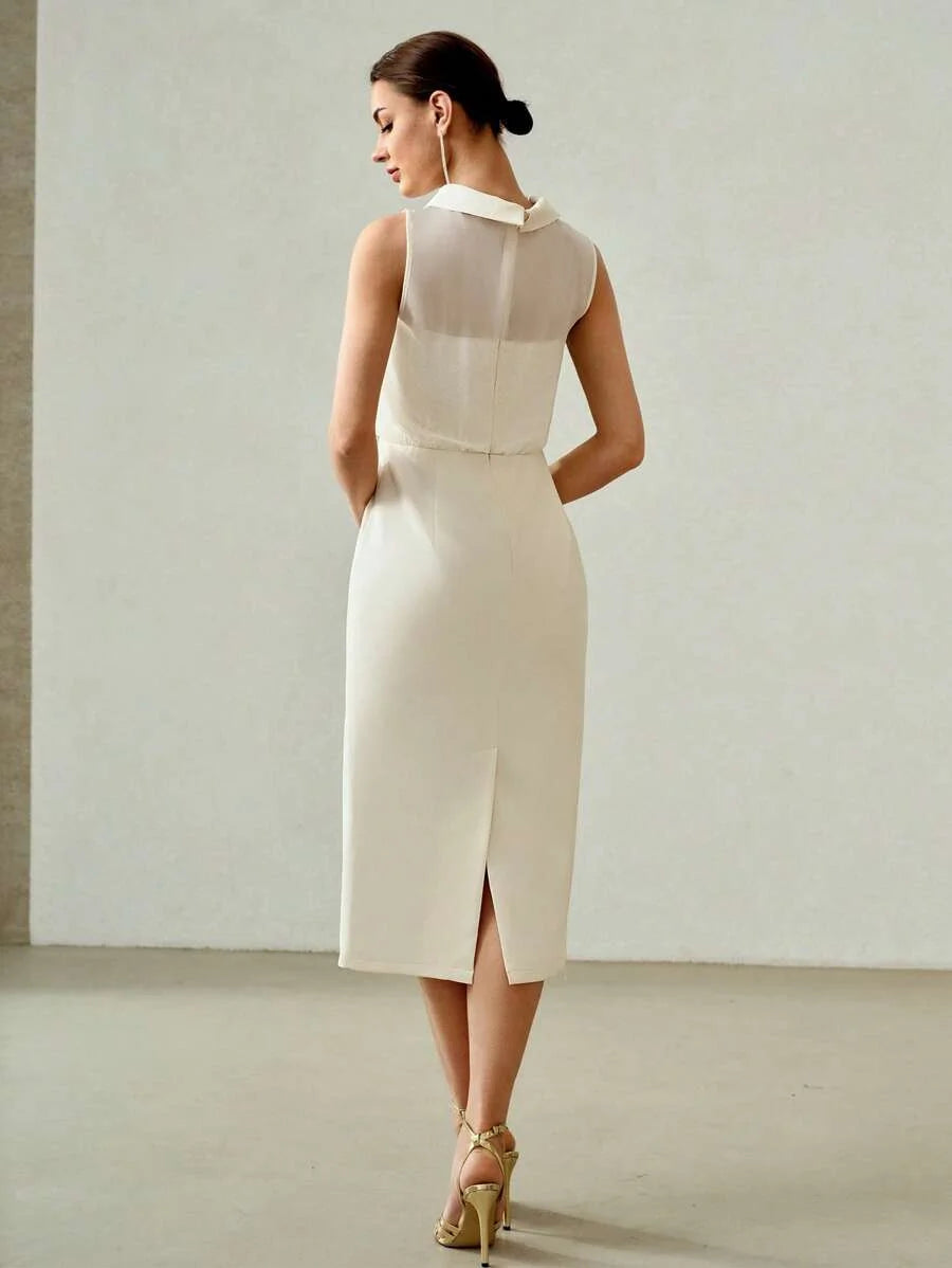 PREMIUM TURTLENECK LACE BODICE BUTTON FRONT SLIM FIT MIDI DRESS