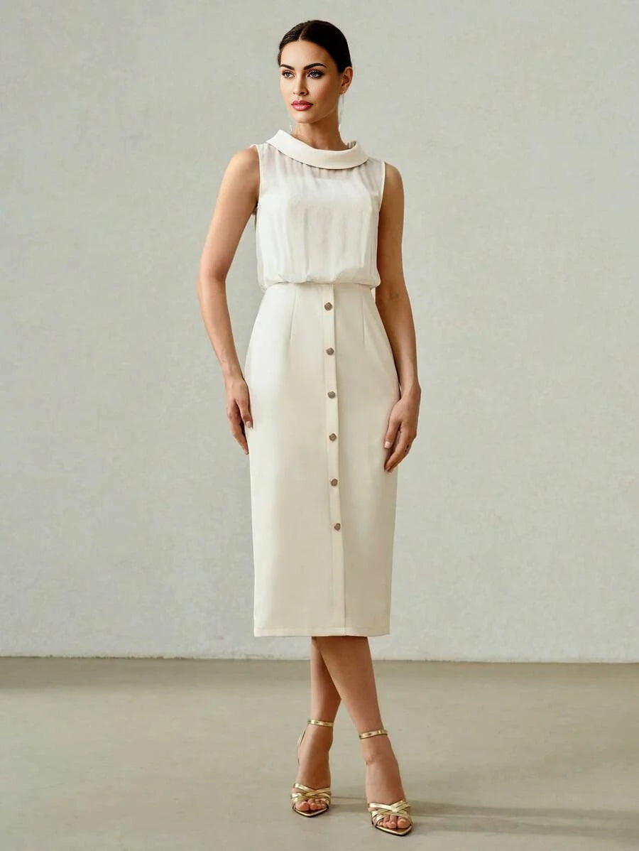 PREMIUM TURTLENECK LACE BODICE BUTTON FRONT SLIM FIT MIDI DRESS