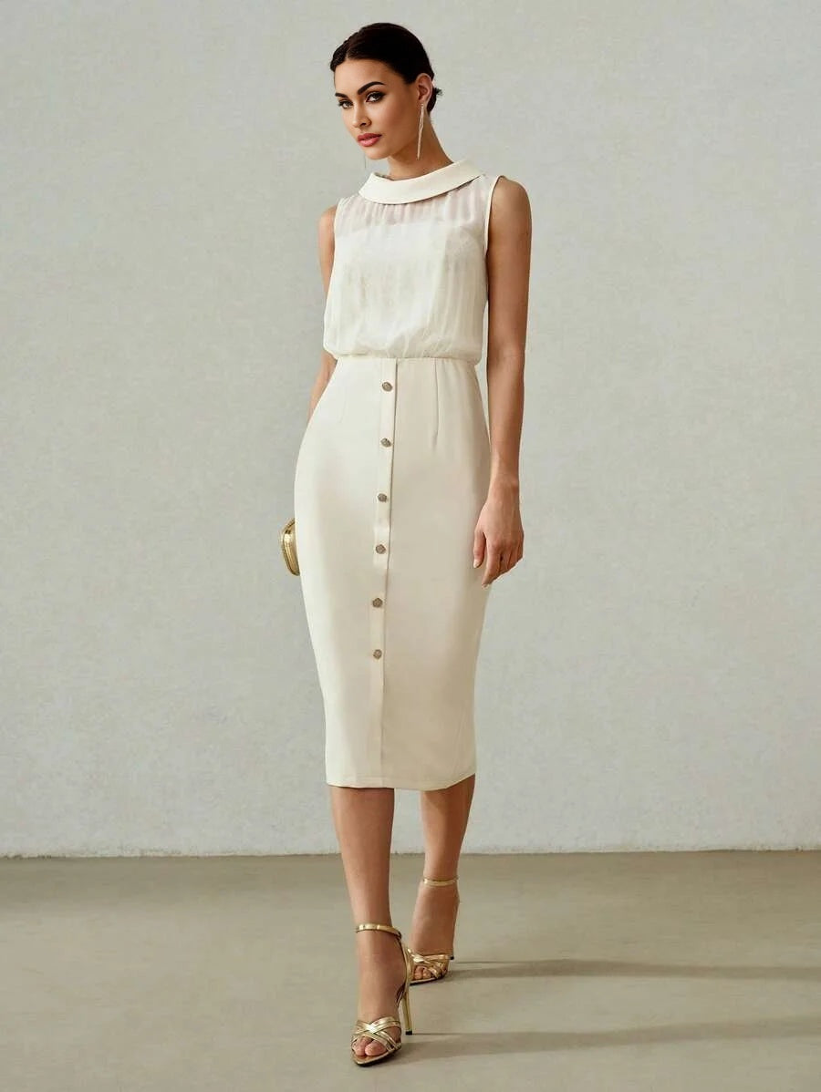 PREMIUM TURTLENECK LACE BODICE BUTTON FRONT SLIM FIT MIDI DRESS