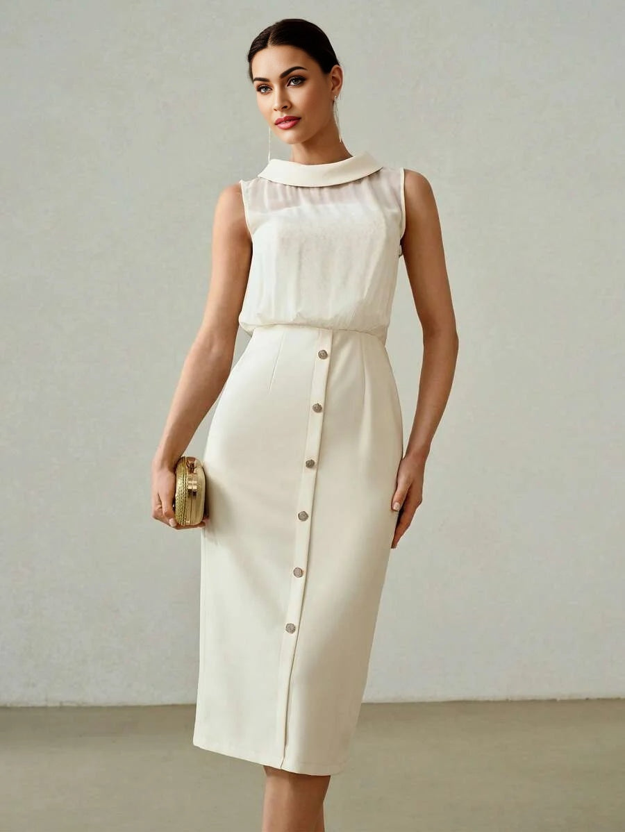 PREMIUM TURTLENECK LACE BODICE BUTTON FRONT SLIM FIT MIDI DRESS