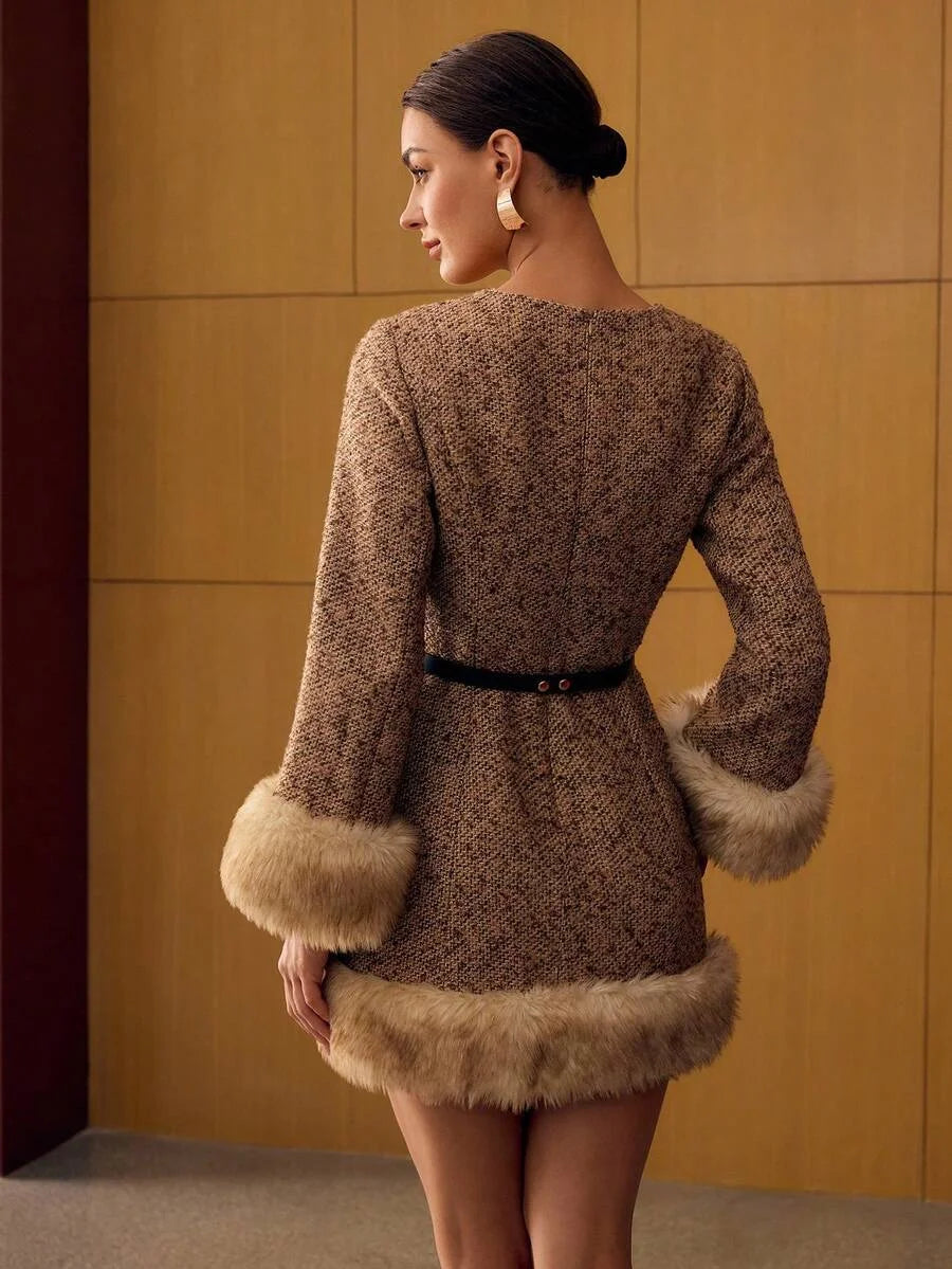 PREMIUM TWEED AUTUMNWINTER CONTRAST FAUX FUR WOOL BLEND MINI DRESS