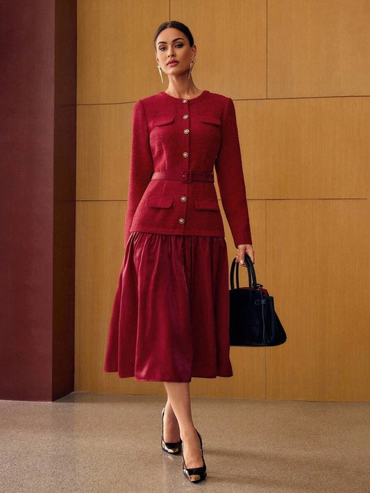 PREMIUM TWEED BELTED BUTTON UP DRESS