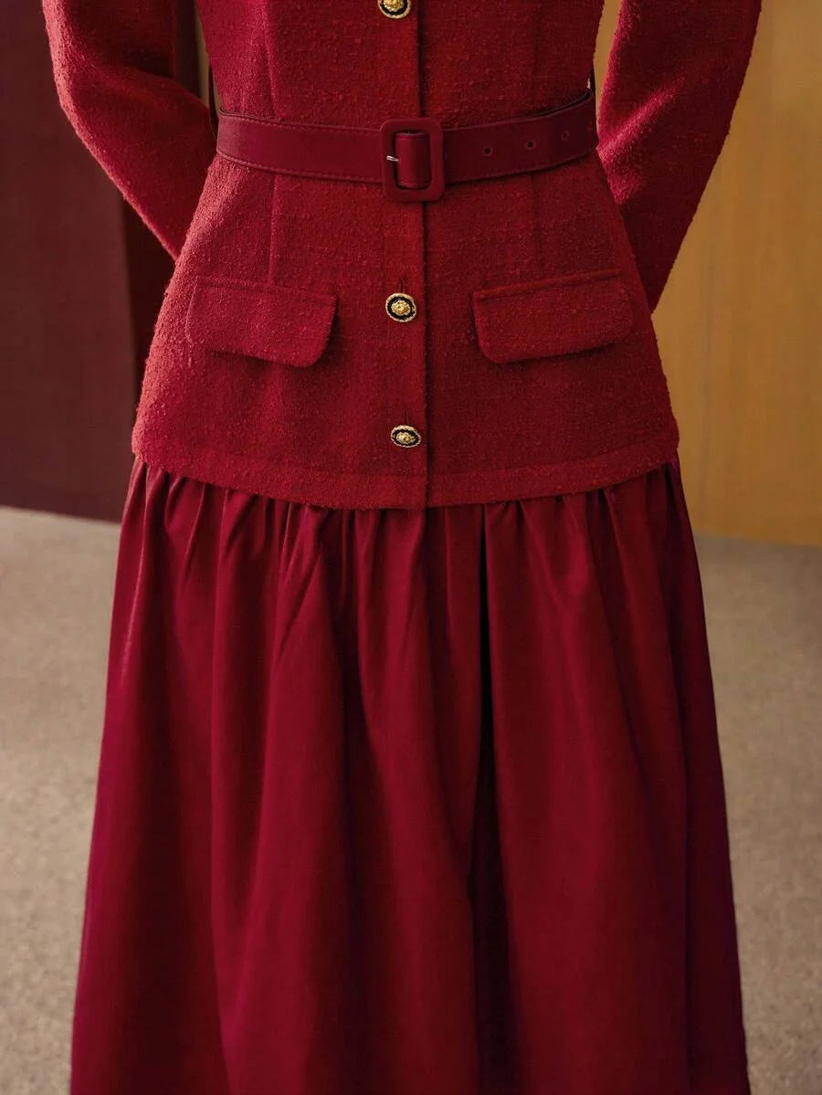 PREMIUM TWEED BELTED BUTTON UP DRESS