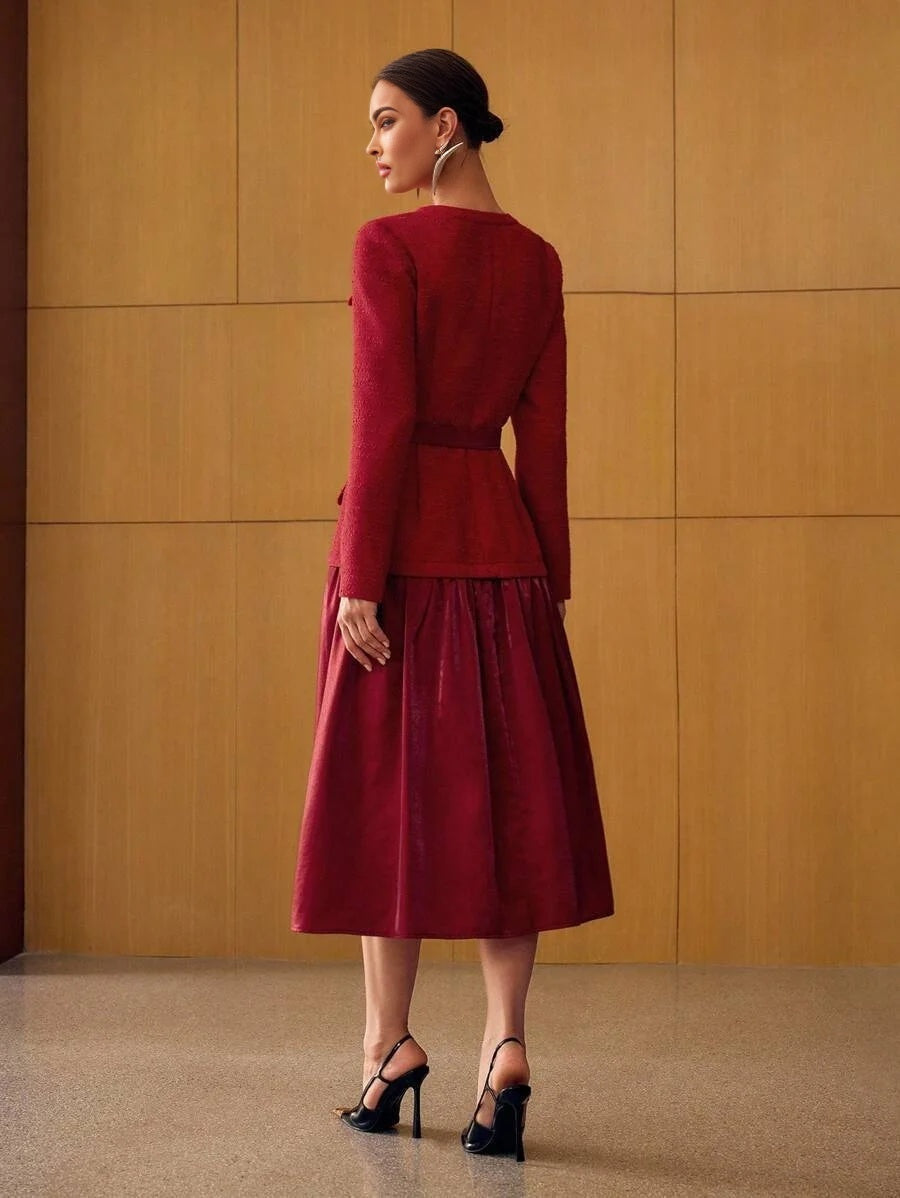 PREMIUM TWEED BELTED BUTTON UP DRESS