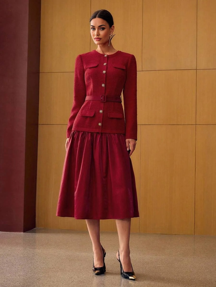 PREMIUM TWEED BELTED BUTTON UP DRESS