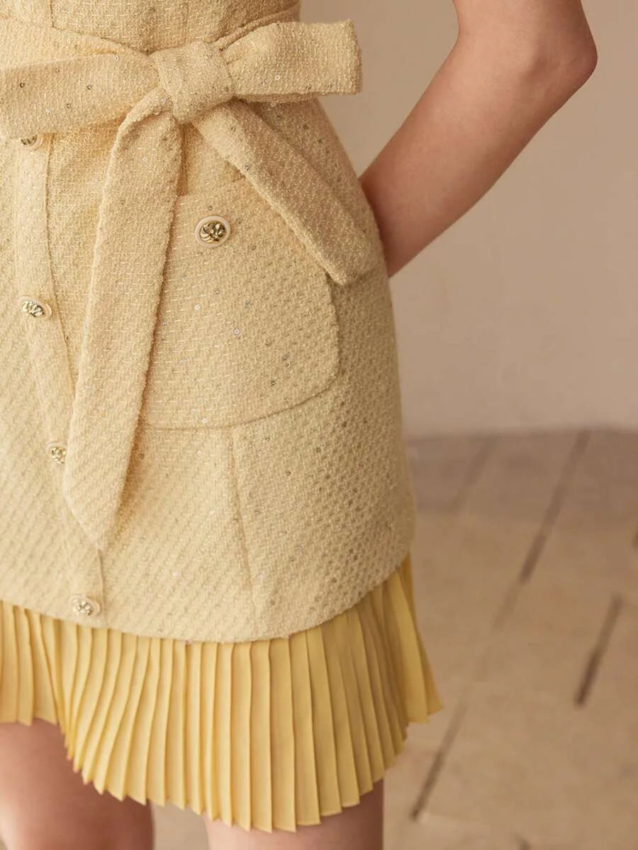 PREMIUM TWEED BUTTON DECOR PLEATED HEM DRESS