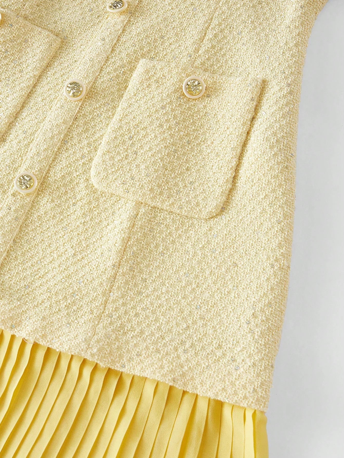 PREMIUM TWEED BUTTON DECOR PLEATED HEM DRESS