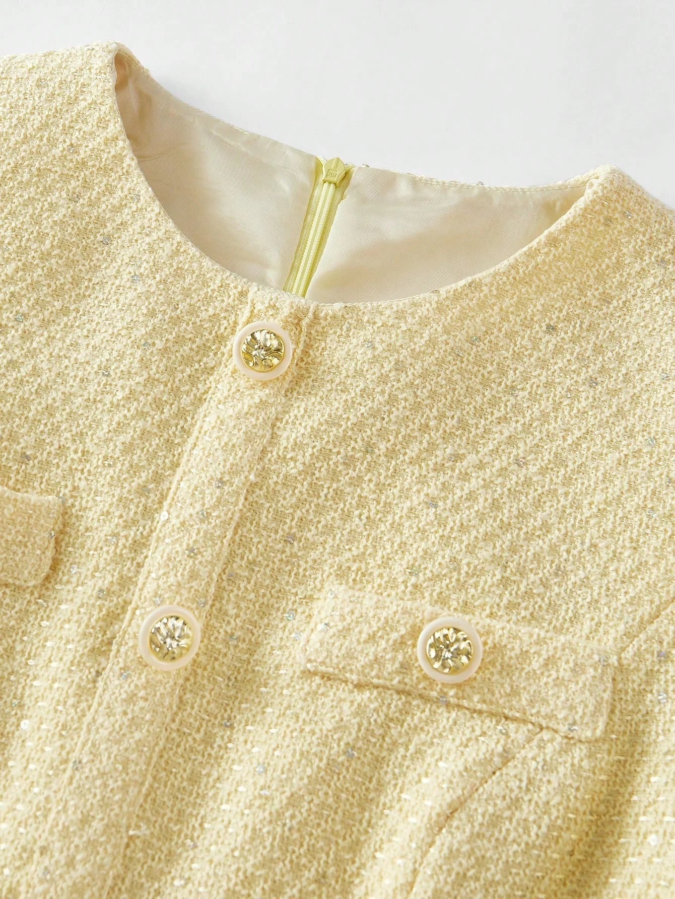 PREMIUM TWEED BUTTON DECOR PLEATED HEM DRESS