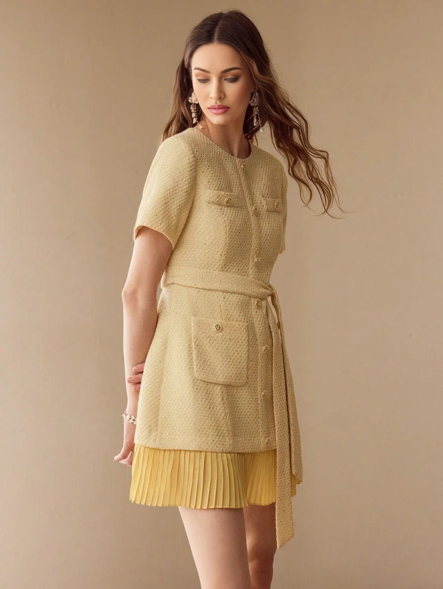 PREMIUM TWEED BUTTON DECOR PLEATED HEM DRESS