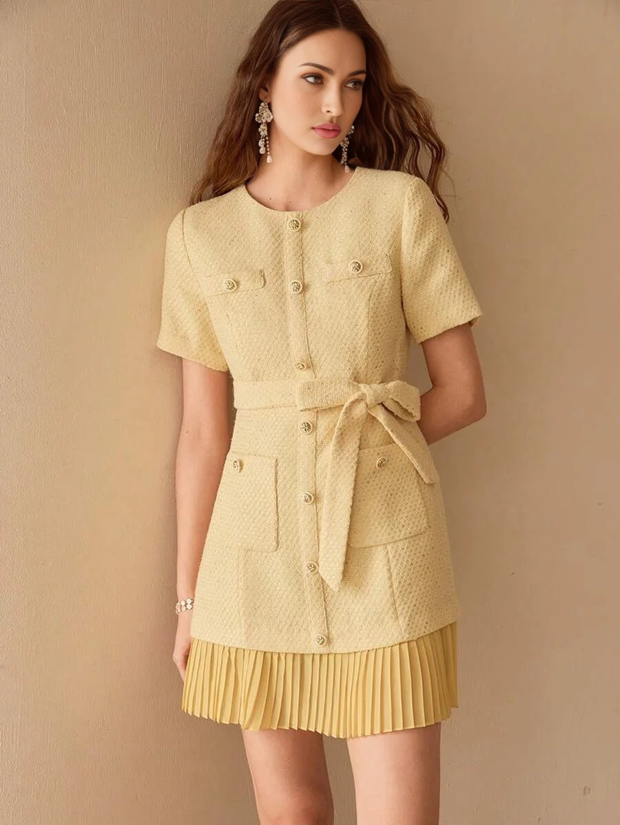 PREMIUM TWEED BUTTON DECOR PLEATED HEM DRESS
