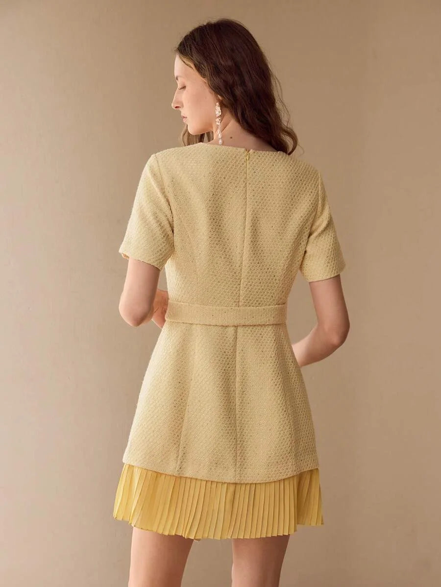 PREMIUM TWEED BUTTON DECOR PLEATED HEM DRESS