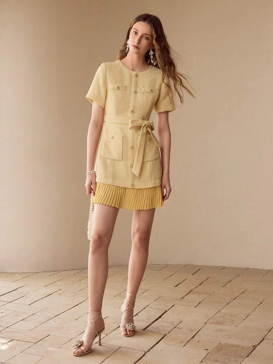 PREMIUM TWEED BUTTON DECOR PLEATED HEM DRESS