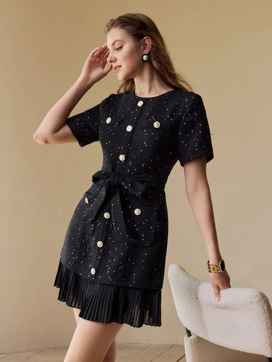 PREMIUM TWEED BUTTON FRONT PLEATED HEM DRESS