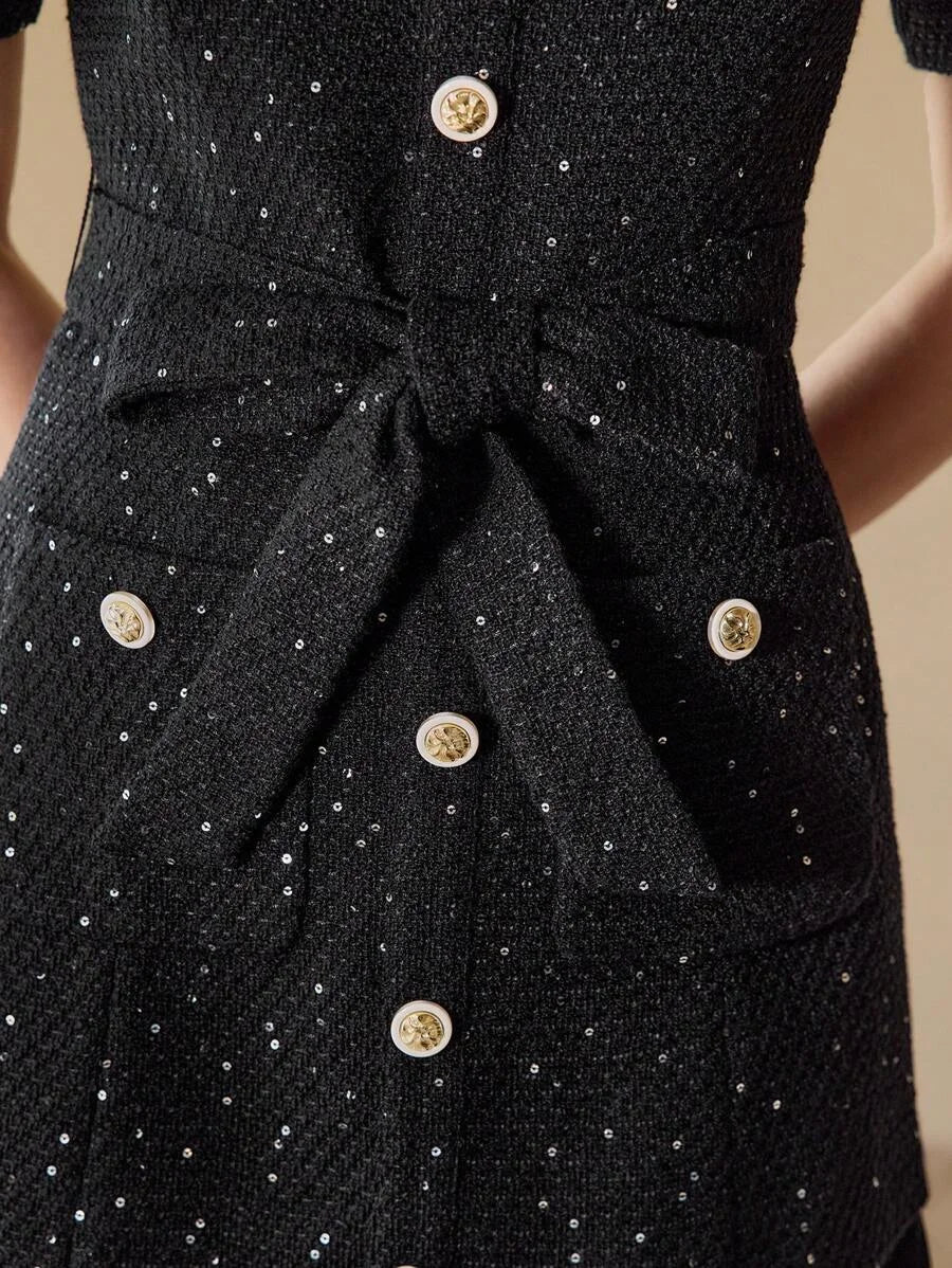 PREMIUM TWEED BUTTON FRONT PLEATED HEM DRESS