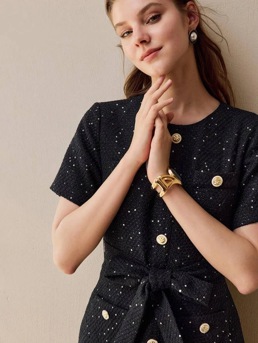 PREMIUM TWEED BUTTON FRONT PLEATED HEM DRESS