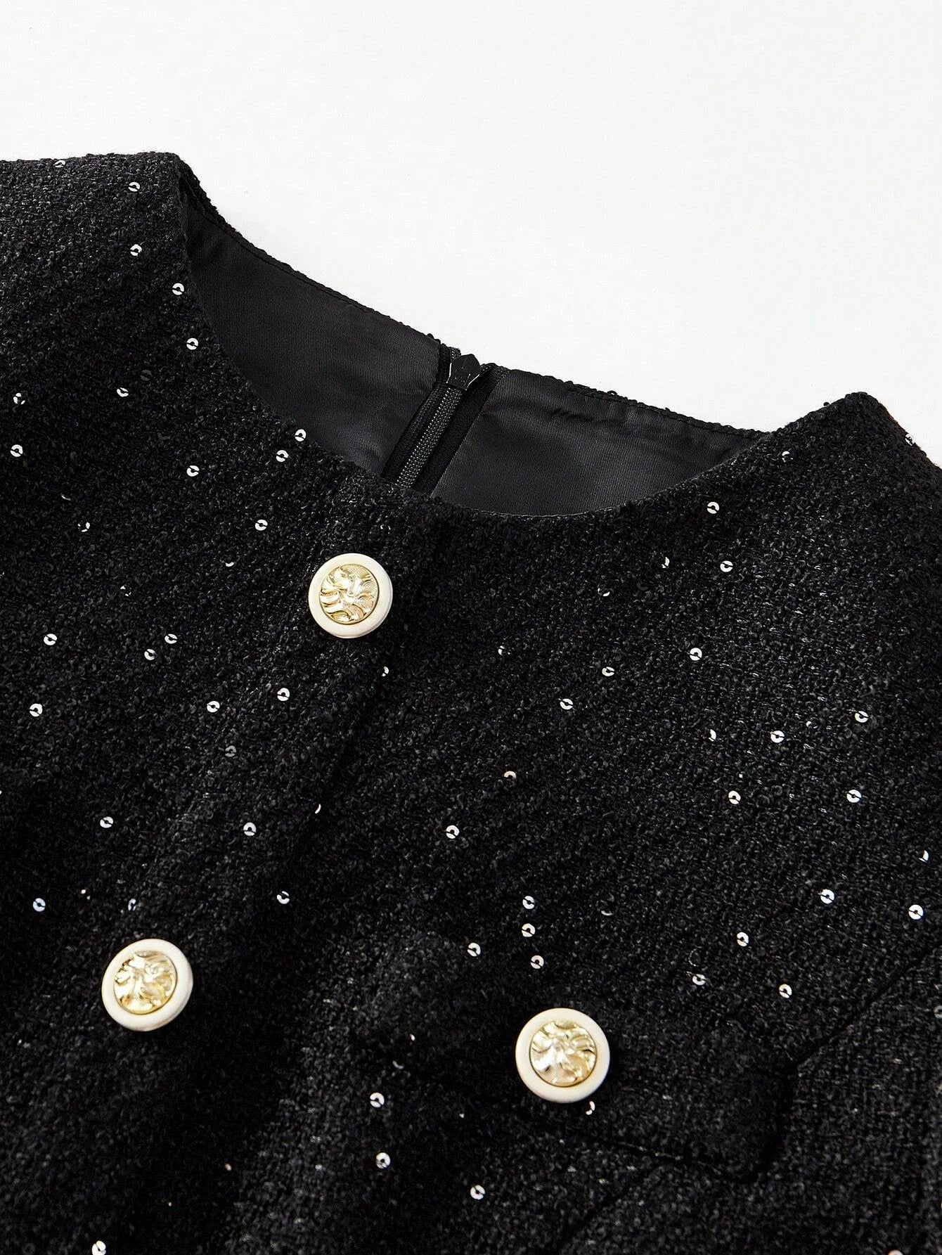 PREMIUM TWEED BUTTON FRONT PLEATED HEM DRESS