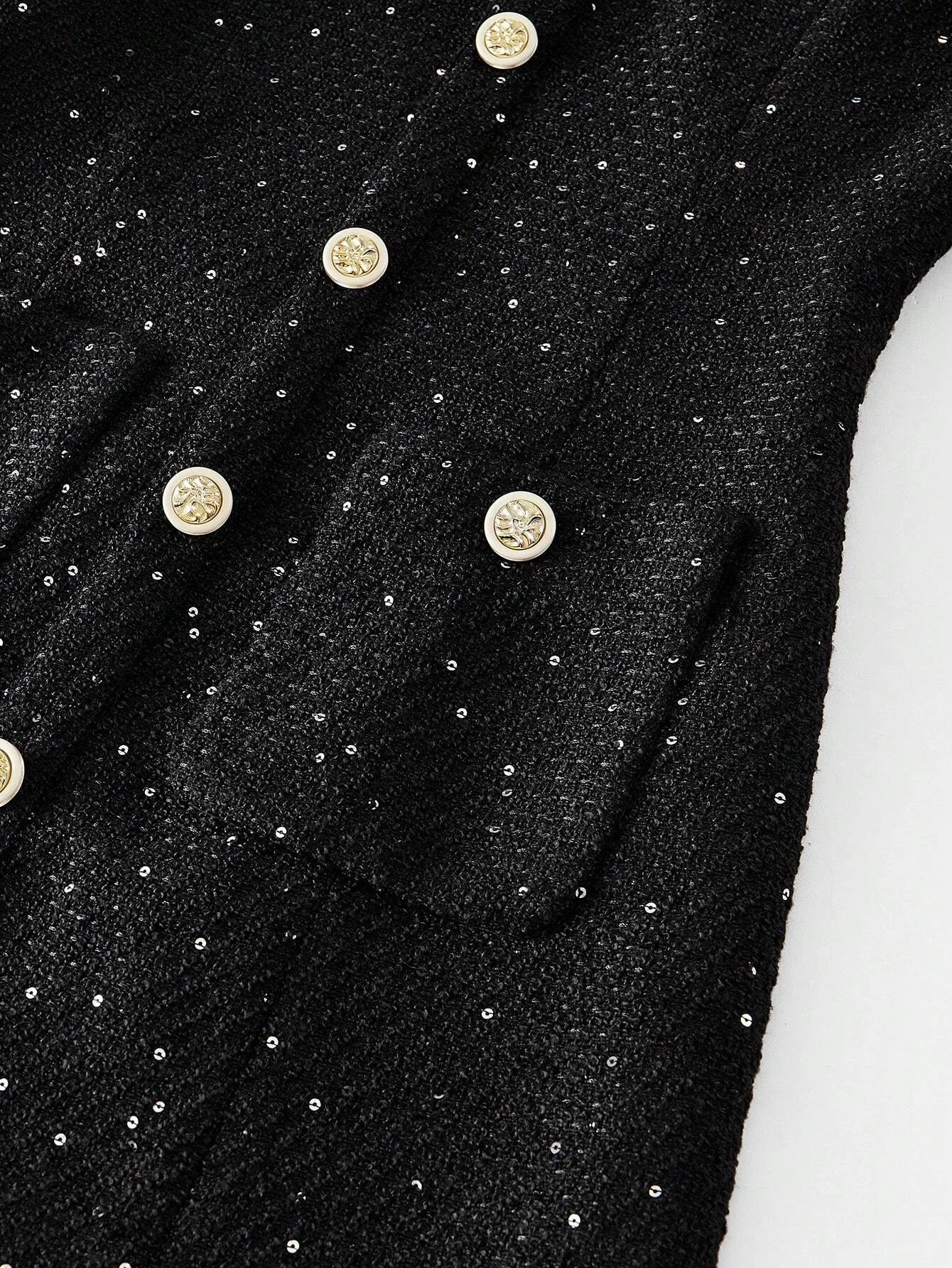 PREMIUM TWEED BUTTON FRONT PLEATED HEM DRESS