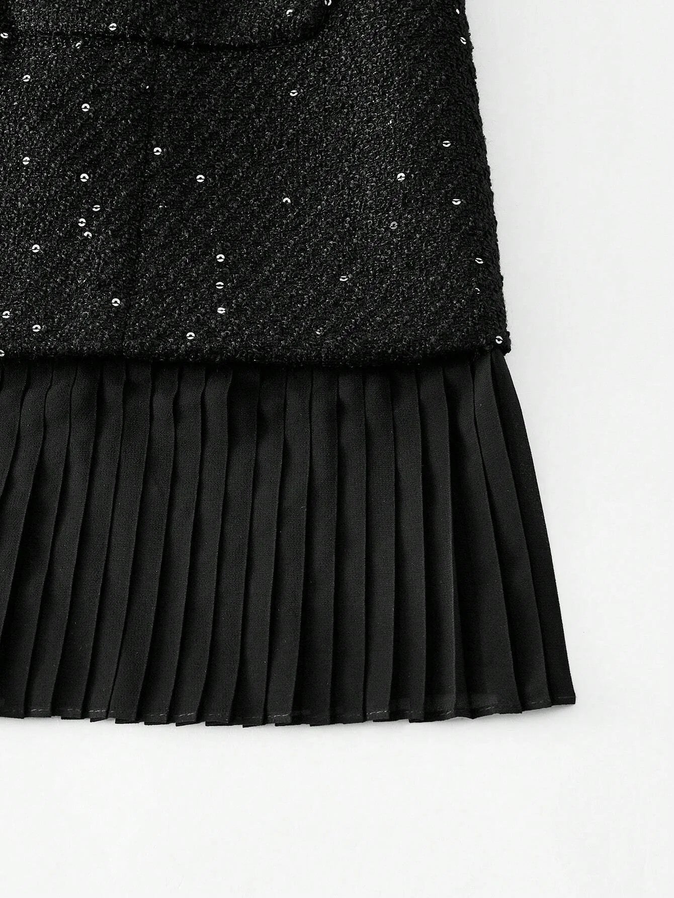 PREMIUM TWEED BUTTON FRONT PLEATED HEM DRESS