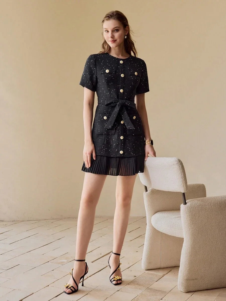 PREMIUM TWEED BUTTON FRONT PLEATED HEM DRESS