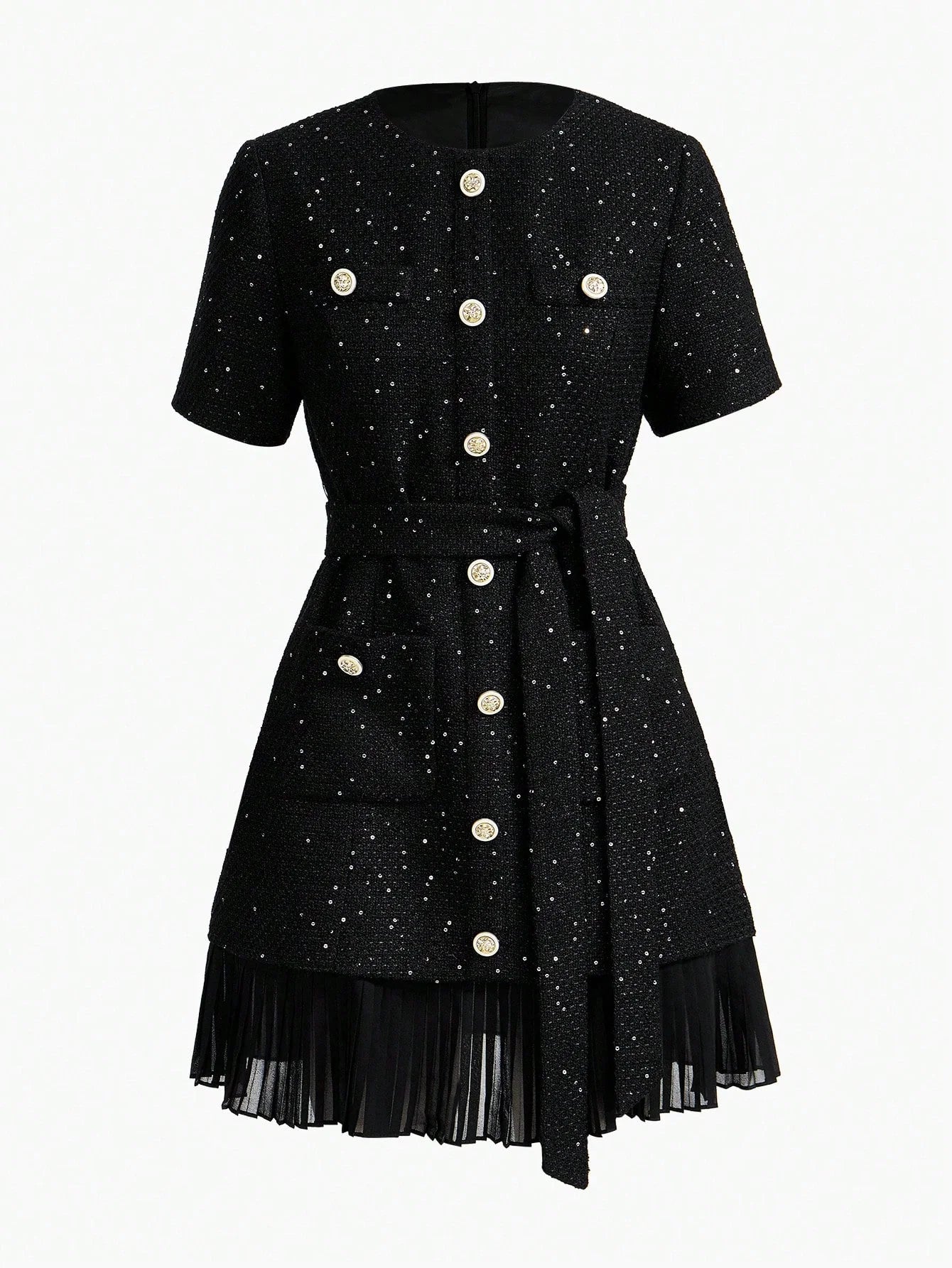 PREMIUM TWEED BUTTON FRONT PLEATED HEM DRESS