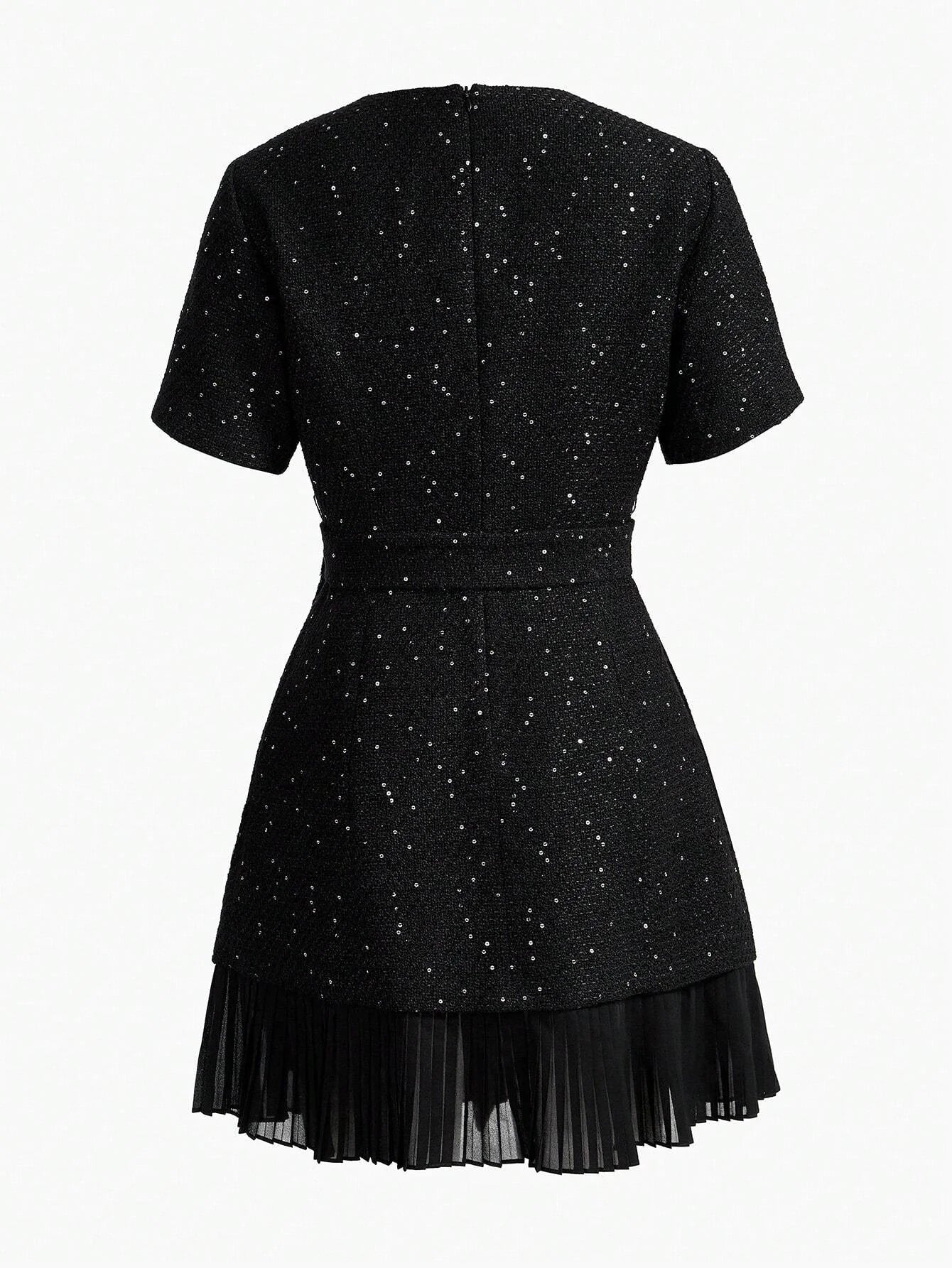 PREMIUM TWEED BUTTON FRONT PLEATED HEM DRESS