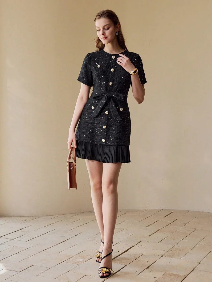 PREMIUM TWEED BUTTON FRONT PLEATED HEM DRESS