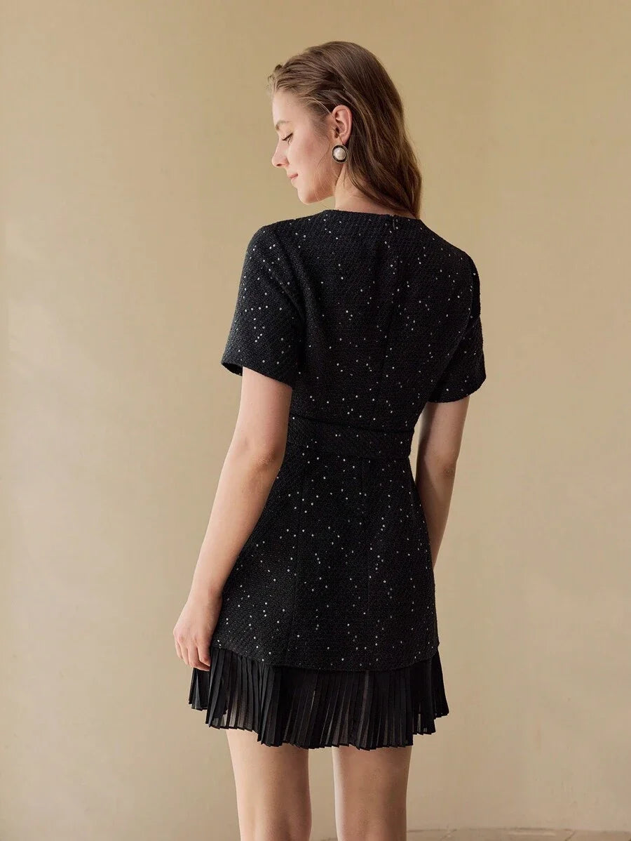 PREMIUM TWEED BUTTON FRONT PLEATED HEM DRESS